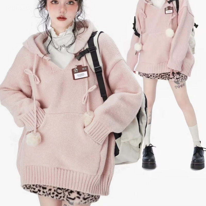 Winter Clothing Drawing - 프레피 스타일 Y2k 스웨터 후드 솔리드