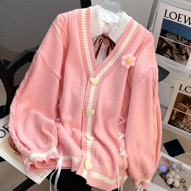 Winter Clothing Factory Outlet - 일본식 귀여운 꽃 니트 카디건 여성