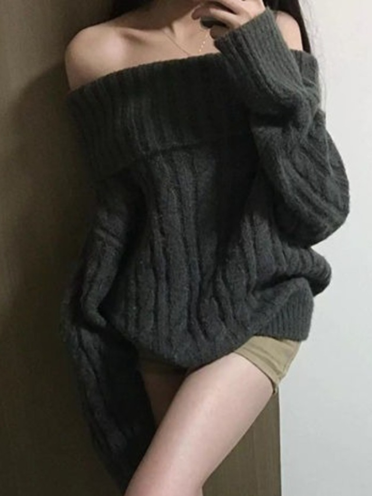Winter Clothing Factory Outlet - 프렌치 디자인 그레이 오프숄더 니트 스웨터