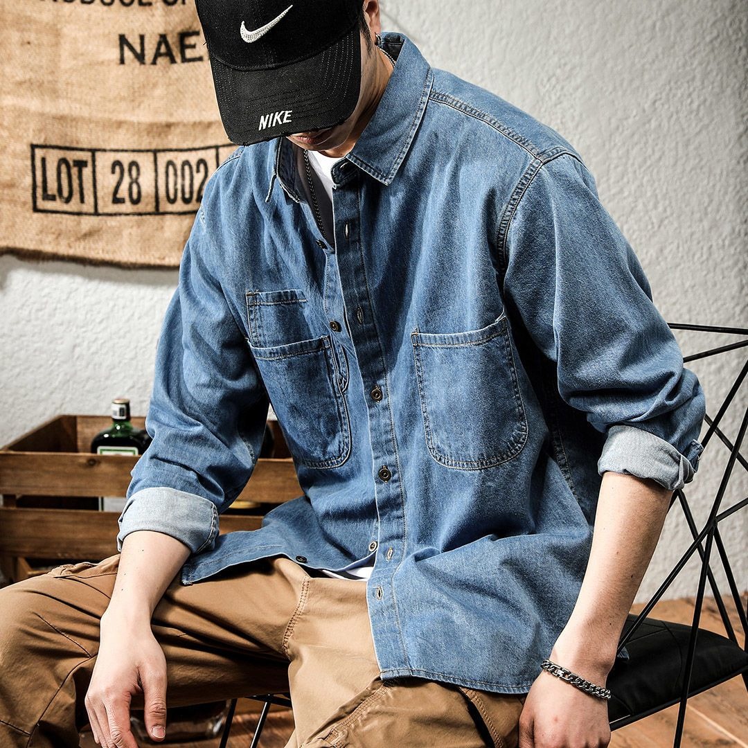 봄철 러피언 스타일 멋진 데님 툴링 긴팔 셔츠 남성용  - Winter Clothing Uae 리뷰 및 가격