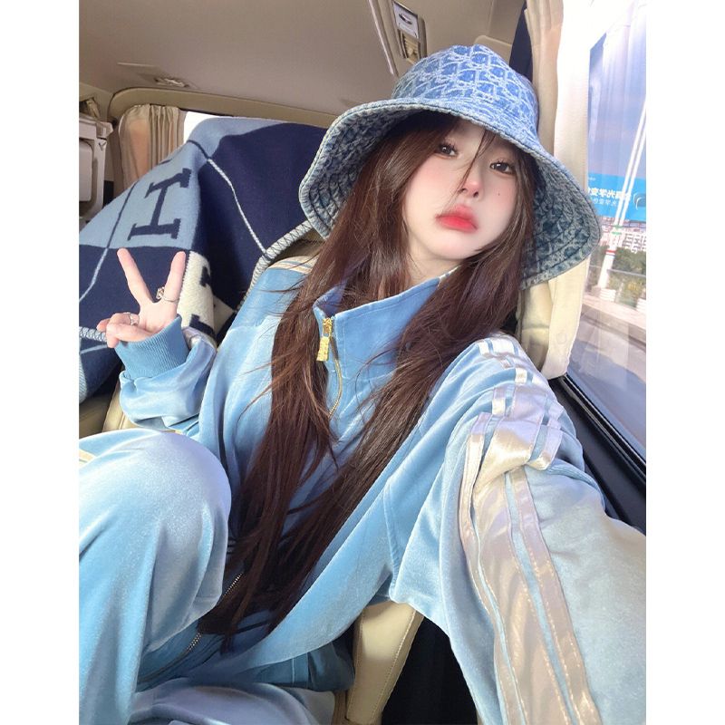 고급 연청 골드 벨벳 긴팔 재킷, 스트라이프 와이드 레 - Winter Clothing Uae 리뷰 및 가격