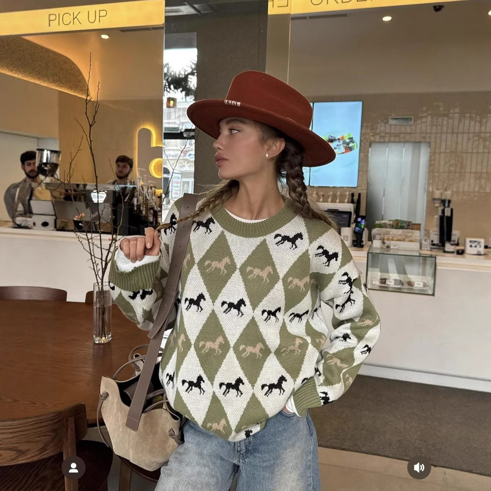 제키 니트웨어 크루넥 스웨터 니트 스웨터 대비색 자카드 - Winter Clothing Factory Outlet 리뷰 및 가격