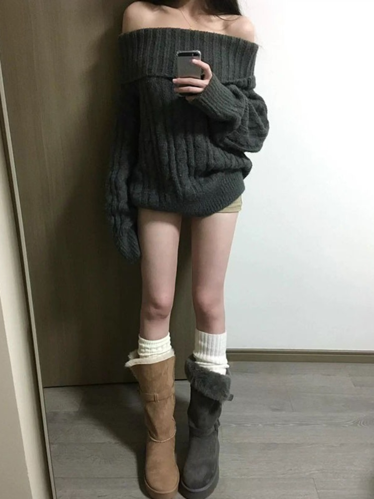 프렌치 디자인 그레이 오프숄더 니트 스웨터 여성 오버사 - Winter Clothing Factory Outlet 리뷰 및 가격