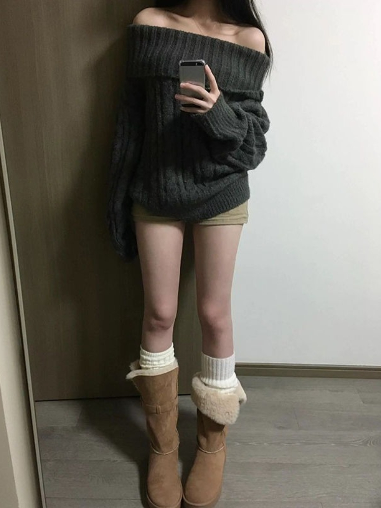 프렌치 디자인 그레이 오프숄더 니트 스웨터 여성 오버사 - Winter Clothing Factory Outlet 리뷰 및 가격