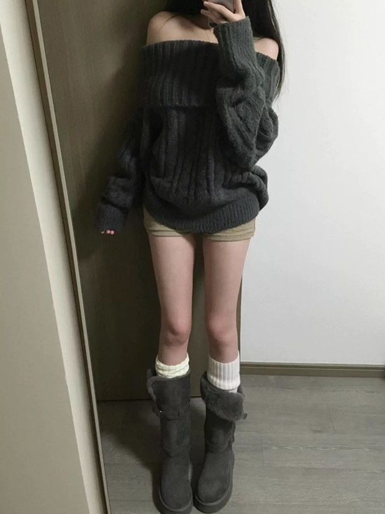 프렌치 디자인 그레이 오프숄더 니트 스웨터 여성 오버사 - Winter Clothing Factory Outlet 리뷰 및 가격